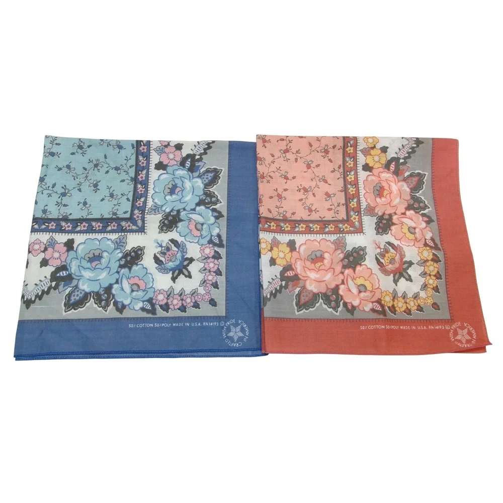 Vintage Floral Handkerchief Set 2 Blue Coral Rose Bandana Made in USA